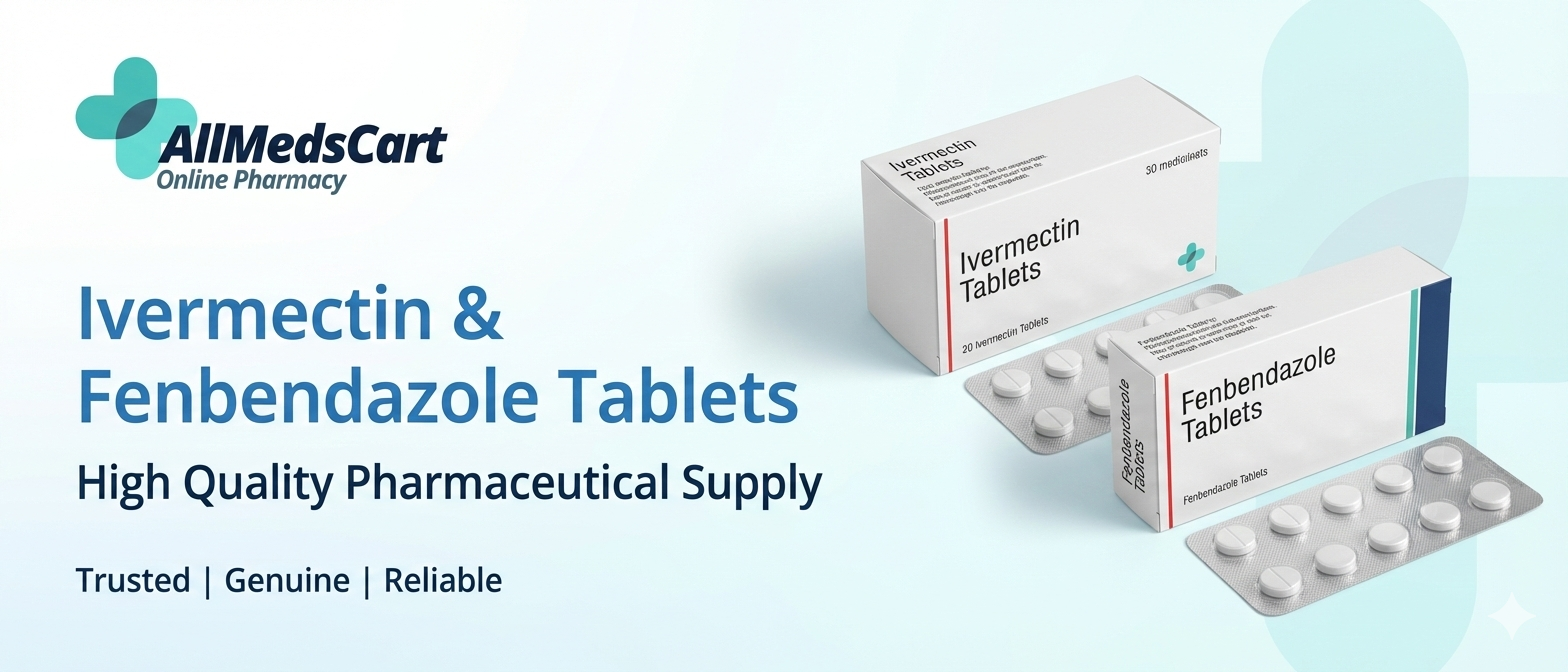 AllMedsCart online pharmacy banner showing Ivermectin and Fenbendazole tablets packaging