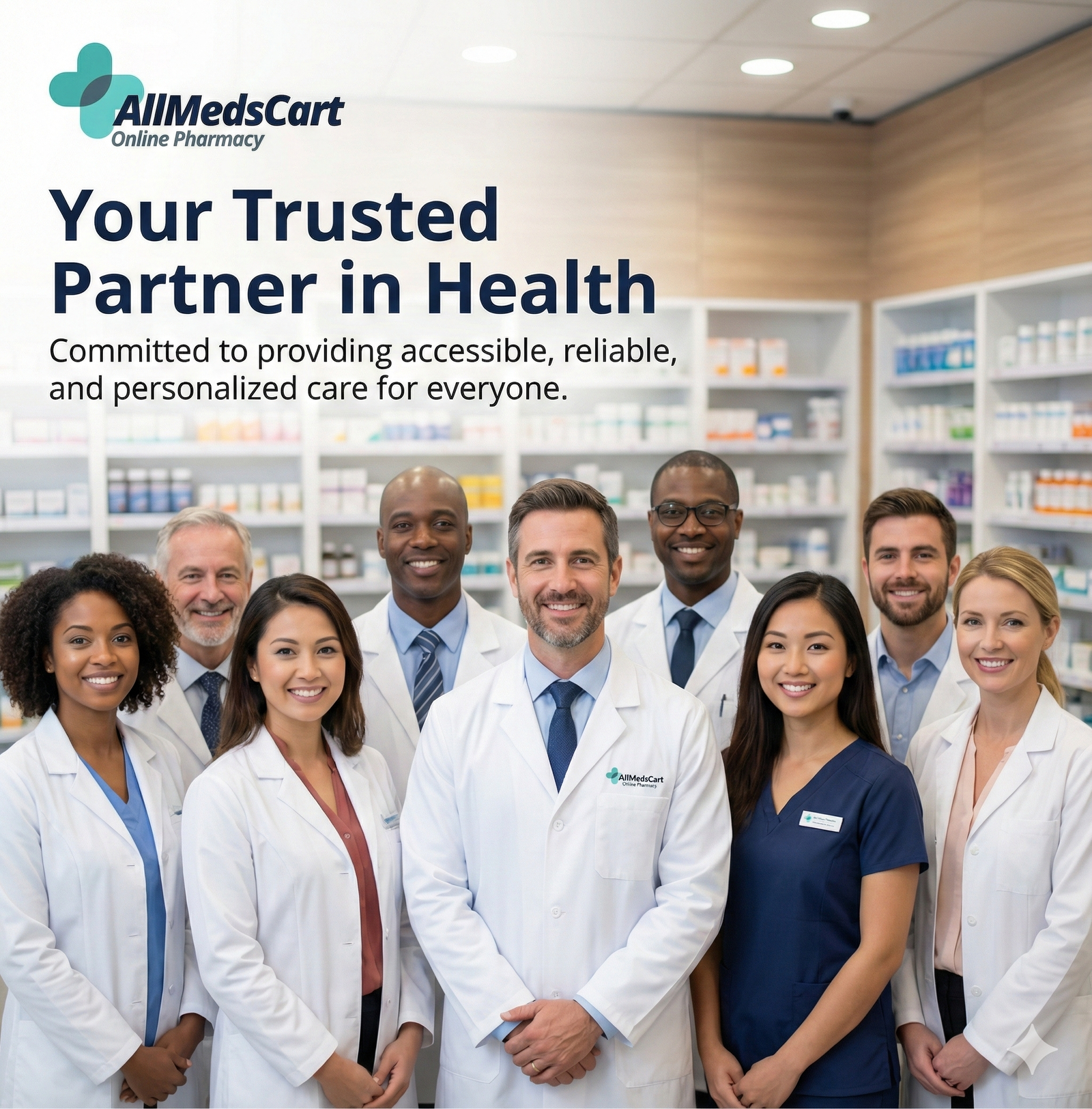 A diverse team of smiling AllMedsCart healthcare professionals standing in a pharmacy, under the text "Your Trusted Partner in Health."