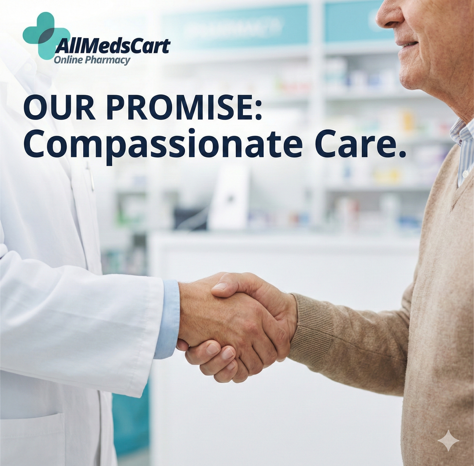 AllMedsCart online pharmacy compassionate care promise shown through a handshake between a pharmacist and a senior patient, building trust.