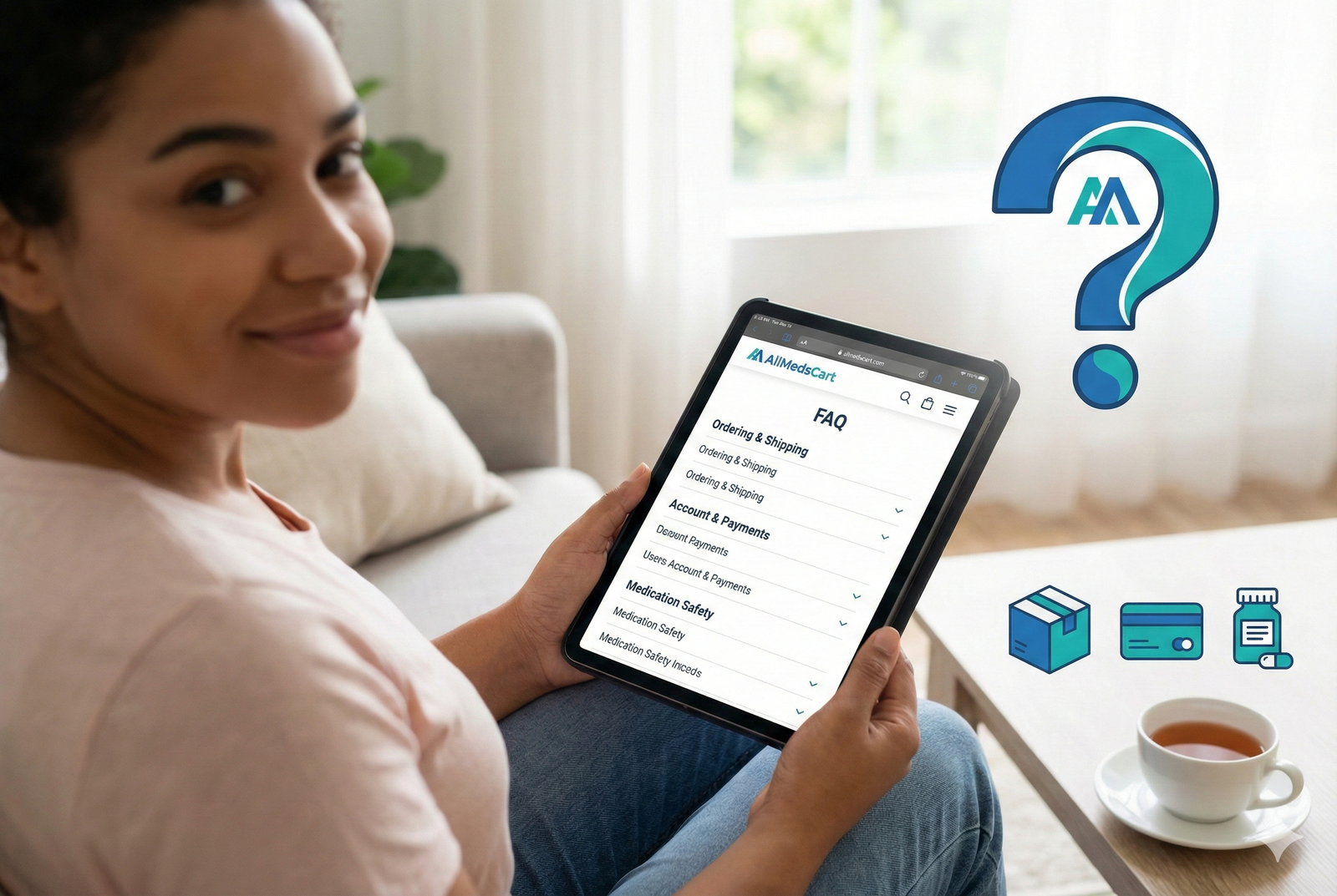 AllMedsCart online pharmacy frequently asked questions (FAQ) page on a tablet, covering ordering, shipping, account, and medication safety topics.