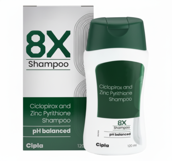 8X Shampoo bottle front view for dandruff treatment