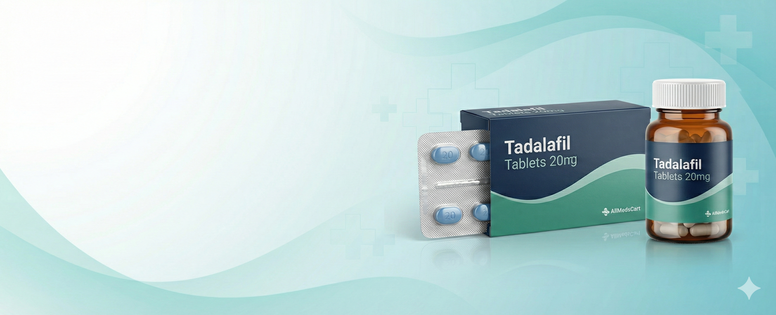 AllMedsCart branded packaging for Tadalafil 20mg tablets, showing a blue and green box, a silver blister pack with blue pills, and an amber medicine bottle.