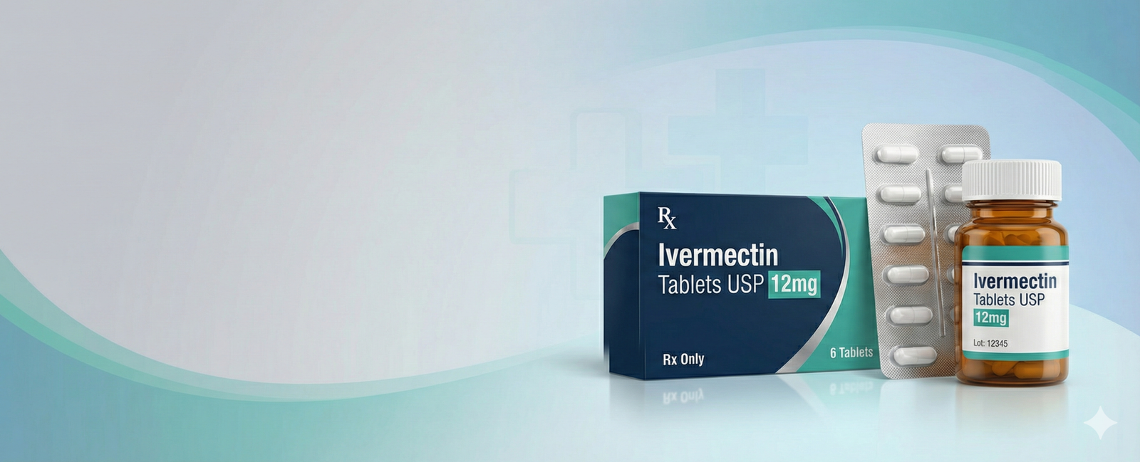 Packaging of Ivermectin 12mg tablets showing a white and teal box, a silver blister pack of pills, and an amber medicine bottle against a light green medical background.